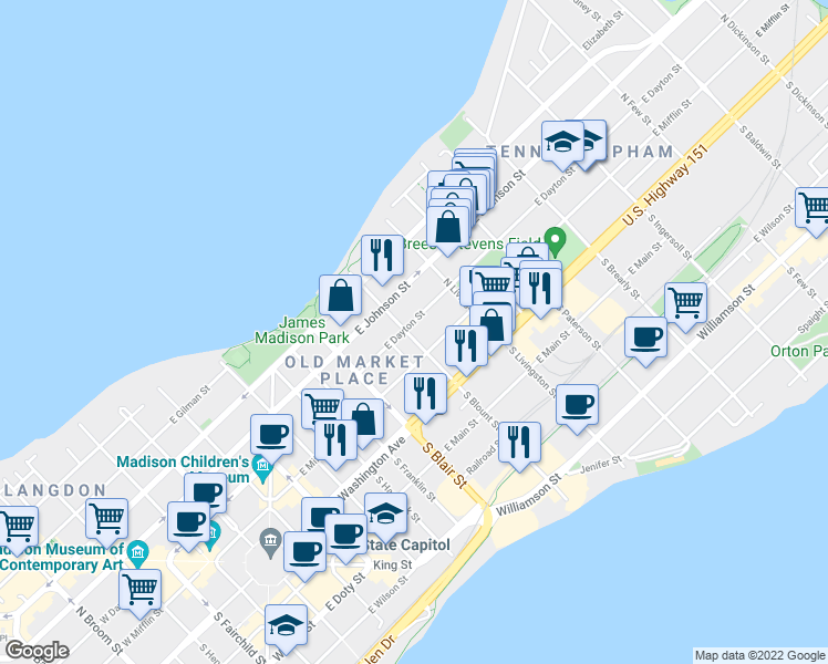 map of restaurants, bars, coffee shops, grocery stores, and more near in Madison