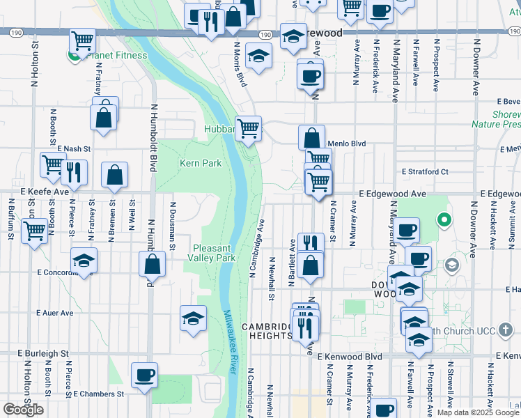 map of restaurants, bars, coffee shops, grocery stores, and more near Oak Leaf Trail in Milwaukee