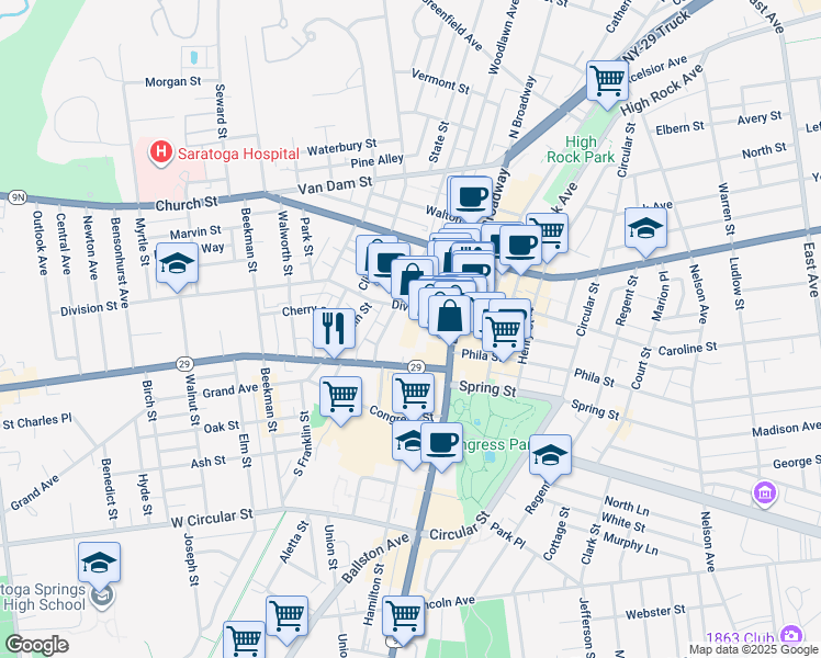 map of restaurants, bars, coffee shops, grocery stores, and more near 18 Division Street in Saratoga Springs