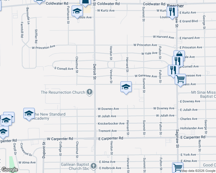 map of restaurants, bars, coffee shops, grocery stores, and more near 1271 West Cass Avenue in Flint