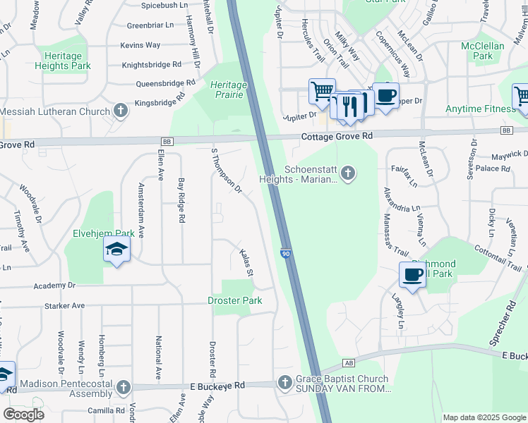map of restaurants, bars, coffee shops, grocery stores, and more near 1215 South Thompson Drive in Madison