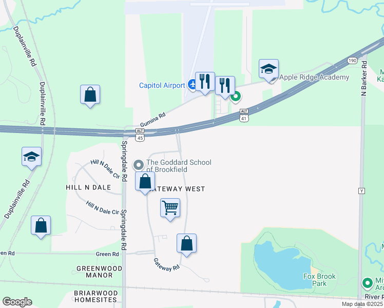 map of restaurants, bars, coffee shops, grocery stores, and more near 3410 Gateway Road in Brookfield