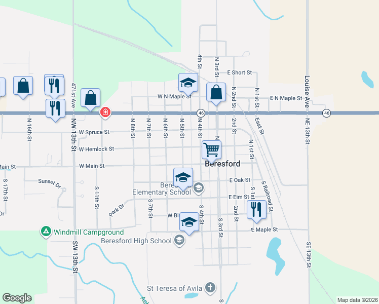 map of restaurants, bars, coffee shops, grocery stores, and more near 100 North 5th Street in Beresford
