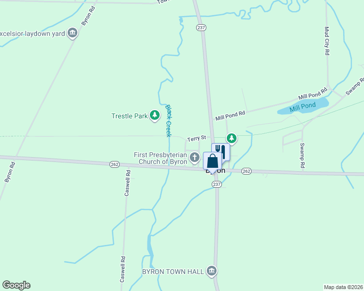 map of restaurants, bars, coffee shops, grocery stores, and more near 6838 Terry Street in Byron