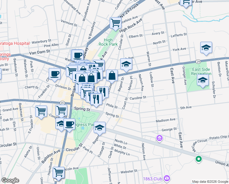 map of restaurants, bars, coffee shops, grocery stores, and more near 124 Circular Street in Saratoga Springs