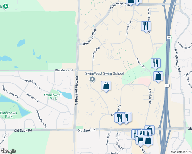 map of restaurants, bars, coffee shops, grocery stores, and more near 1111 Deming Way in Madison