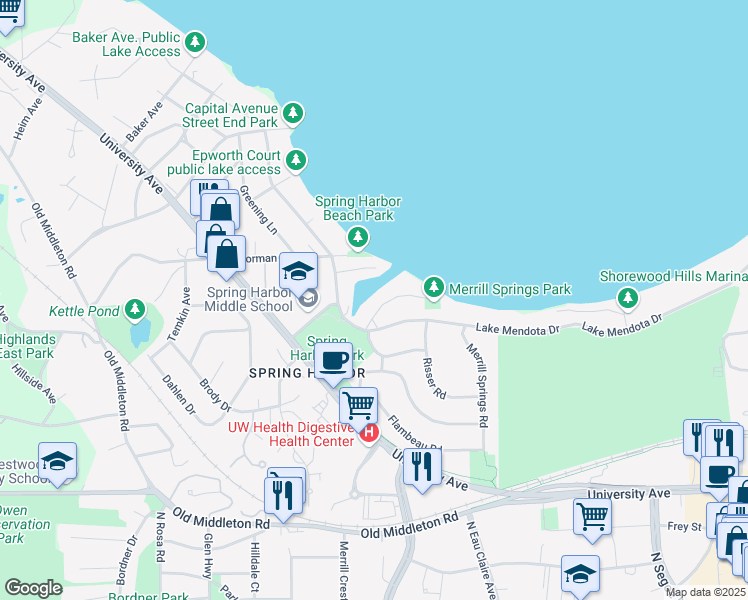 map of restaurants, bars, coffee shops, grocery stores, and more near 5144 Spring Court in Madison