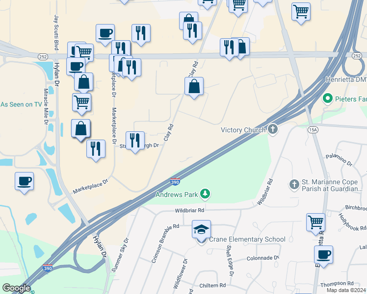 map of restaurants, bars, coffee shops, grocery stores, and more near 400 Clay Road in Rochester