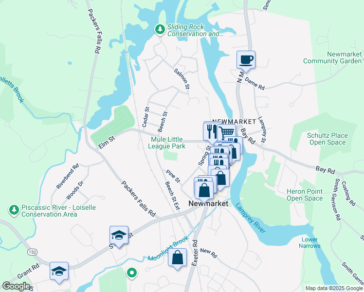 map of restaurants, bars, coffee shops, grocery stores, and more near 45 Elm Street in Newmarket