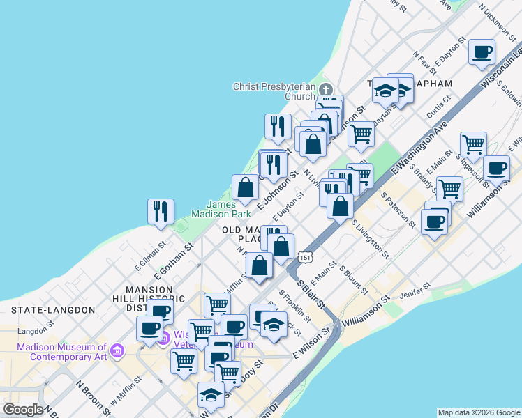 map of restaurants, bars, coffee shops, grocery stores, and more near 633 East Johnson Street in Madison