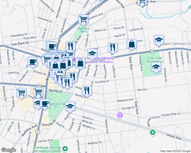 map of restaurants, bars, coffee shops, grocery stores, and more near 12 Marion Place in Saratoga Springs