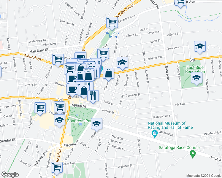 map of restaurants, bars, coffee shops, grocery stores, and more near 124 Circular Street in Saratoga Springs