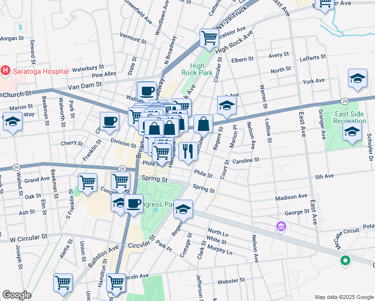map of restaurants, bars, coffee shops, grocery stores, and more near 66 Caroline Street in Saratoga Springs