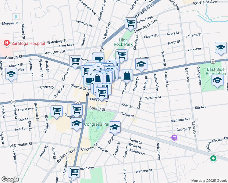 map of restaurants, bars, coffee shops, grocery stores, and more near 66 Caroline Street in Saratoga Springs