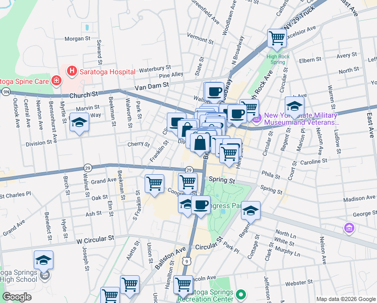 map of restaurants, bars, coffee shops, grocery stores, and more near 17 Division Street in Saratoga Springs