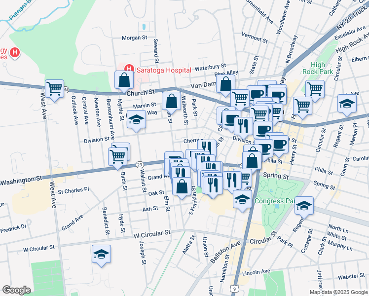 map of restaurants, bars, coffee shops, grocery stores, and more near 35 Walworth Street in Saratoga Springs