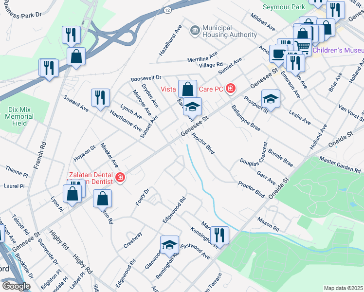 map of restaurants, bars, coffee shops, grocery stores, and more near 2303 Genesee Street in Utica