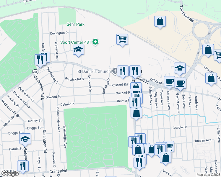 map of restaurants, bars, coffee shops, grocery stores, and more near in Lyncourt