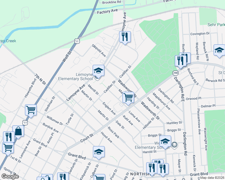 map of restaurants, bars, coffee shops, grocery stores, and more near 350 Loma Avenue in Syracuse