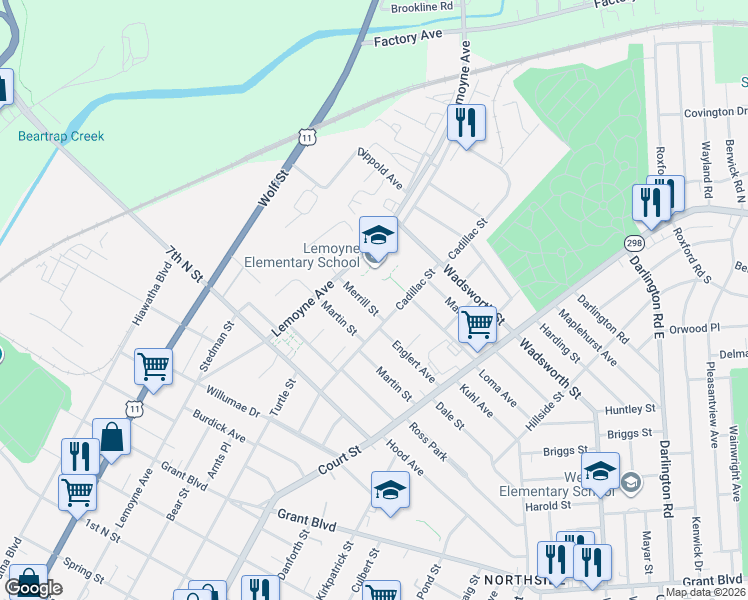 map of restaurants, bars, coffee shops, grocery stores, and more near 114 Merrill Street in Syracuse