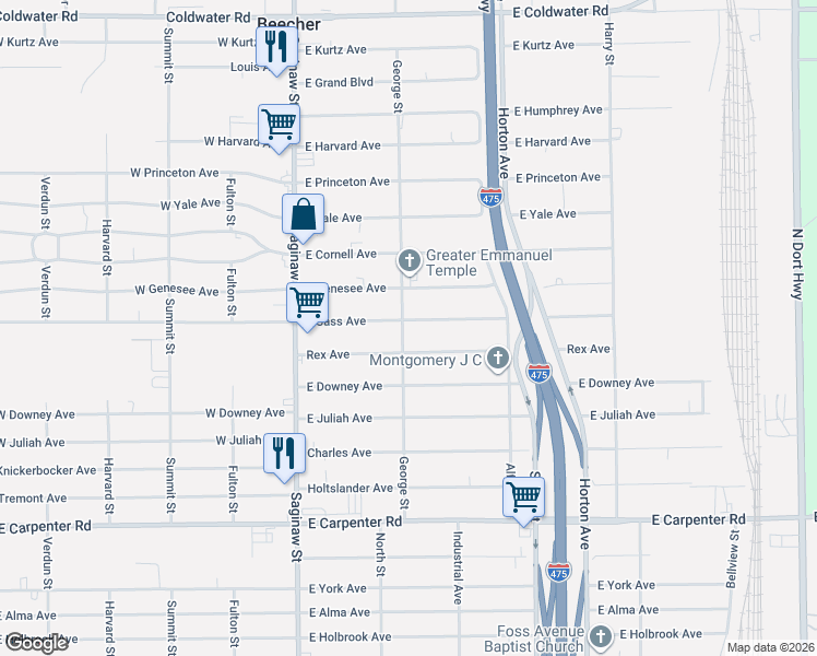 map of restaurants, bars, coffee shops, grocery stores, and more near 1128 East Cass Avenue in Flint