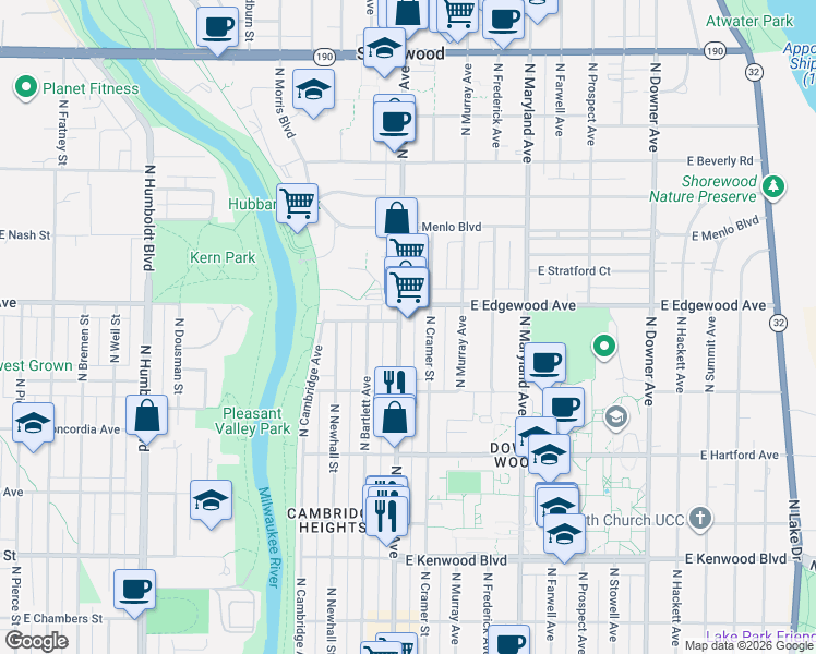 map of restaurants, bars, coffee shops, grocery stores, and more near 3483 North Oakland Avenue in Milwaukee