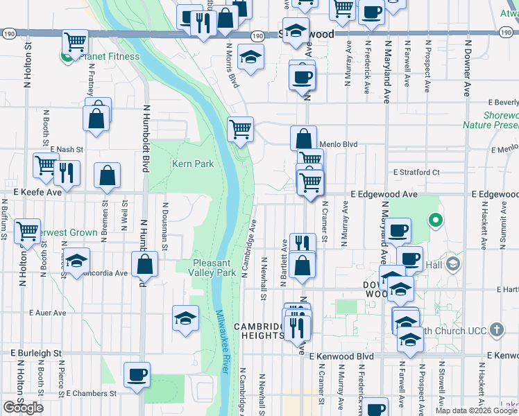 map of restaurants, bars, coffee shops, grocery stores, and more near 3477 North Newhall Street in Milwaukee