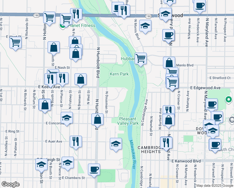 map of restaurants, bars, coffee shops, grocery stores, and more near 3460 North Dousman Street in Milwaukee