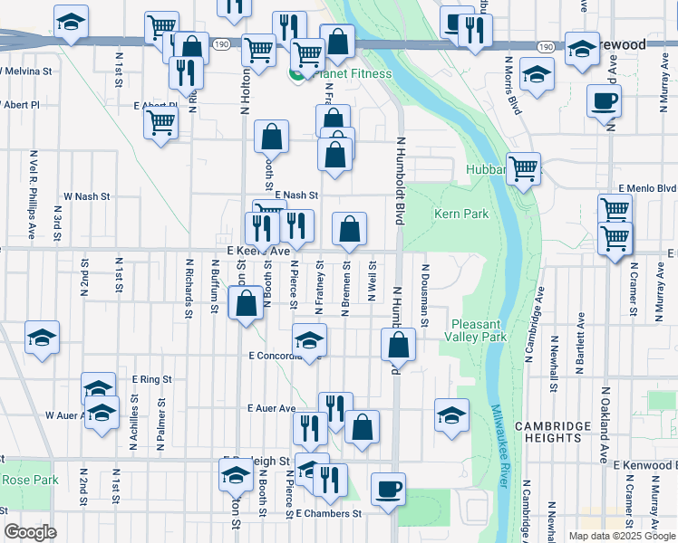 map of restaurants, bars, coffee shops, grocery stores, and more near 3477 North Bremen Street in Milwaukee