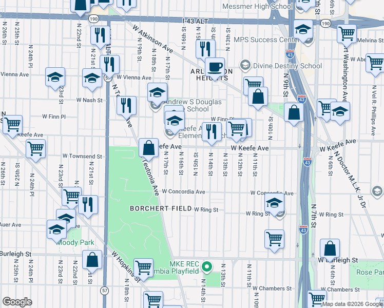 map of restaurants, bars, coffee shops, grocery stores, and more near 3463 North 15th Street in Milwaukee