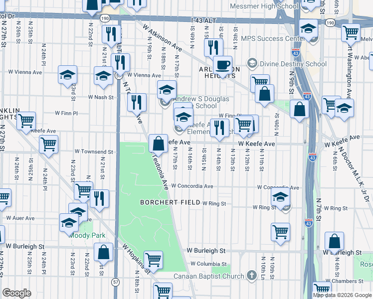 map of restaurants, bars, coffee shops, grocery stores, and more near 3461 North 16th Street in Milwaukee