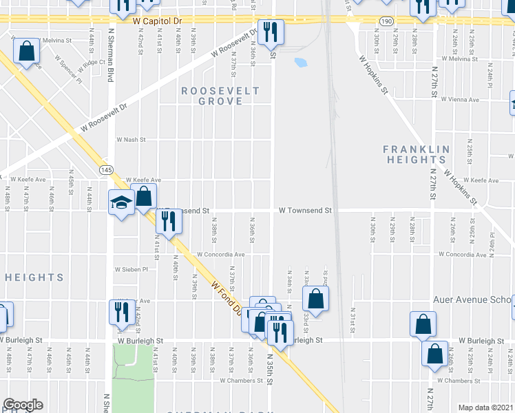map of restaurants, bars, coffee shops, grocery stores, and more near 3411-3413 North 36th Street in Milwaukee