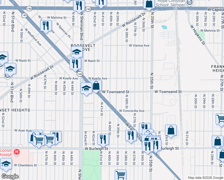 map of restaurants, bars, coffee shops, grocery stores, and more near 3416 North 40th Street in Milwaukee