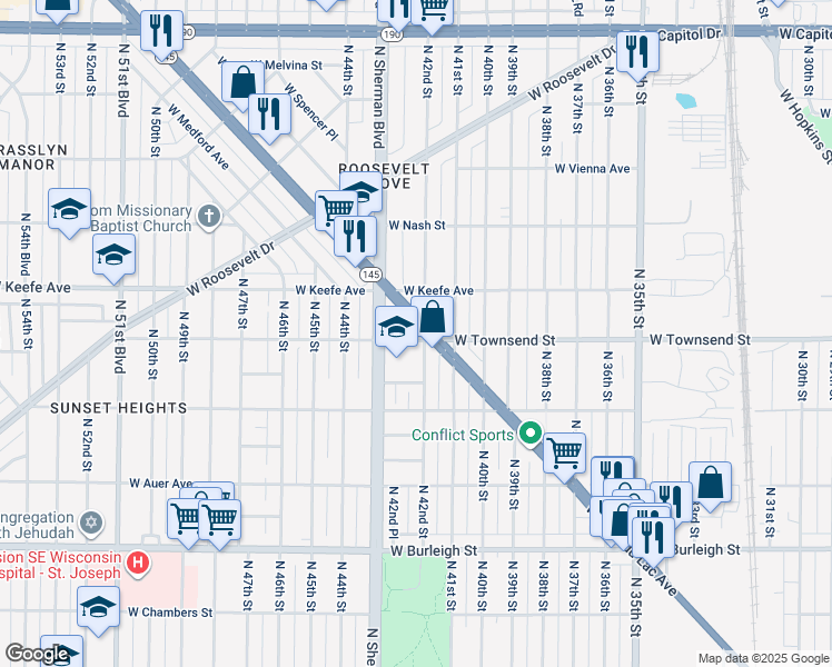 map of restaurants, bars, coffee shops, grocery stores, and more near 4217 Wisconsin 145 in Milwaukee