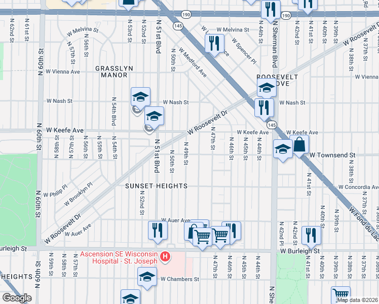 map of restaurants, bars, coffee shops, grocery stores, and more near 3415 North 49th Street in Milwaukee