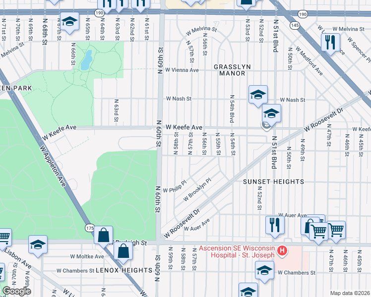 map of restaurants, bars, coffee shops, grocery stores, and more near 3428 North 58th Street in Milwaukee