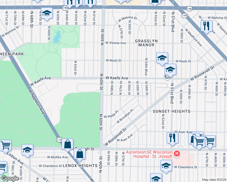 map of restaurants, bars, coffee shops, grocery stores, and more near 3428 North 58th Street in Milwaukee