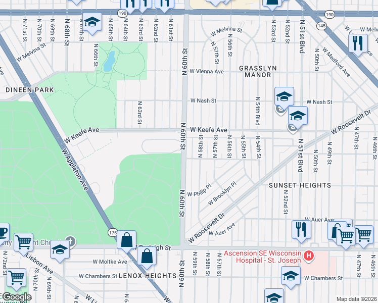map of restaurants, bars, coffee shops, grocery stores, and more near 3428 North 60th Street in Milwaukee