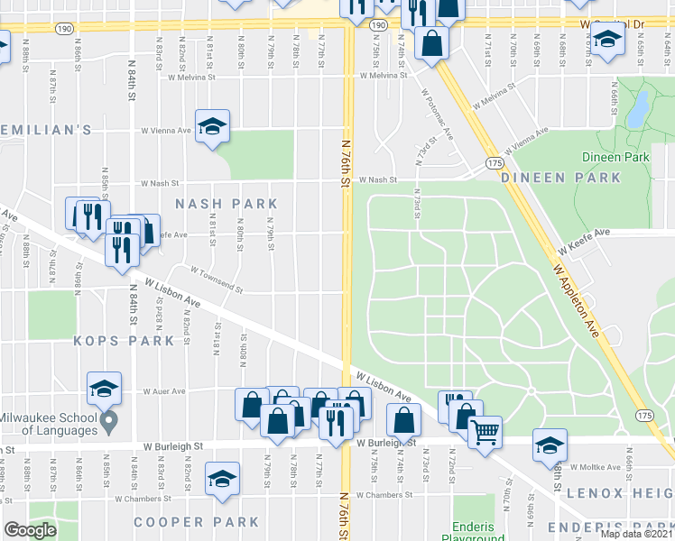 map of restaurants, bars, coffee shops, grocery stores, and more near 3443 North 76th Street in Milwaukee