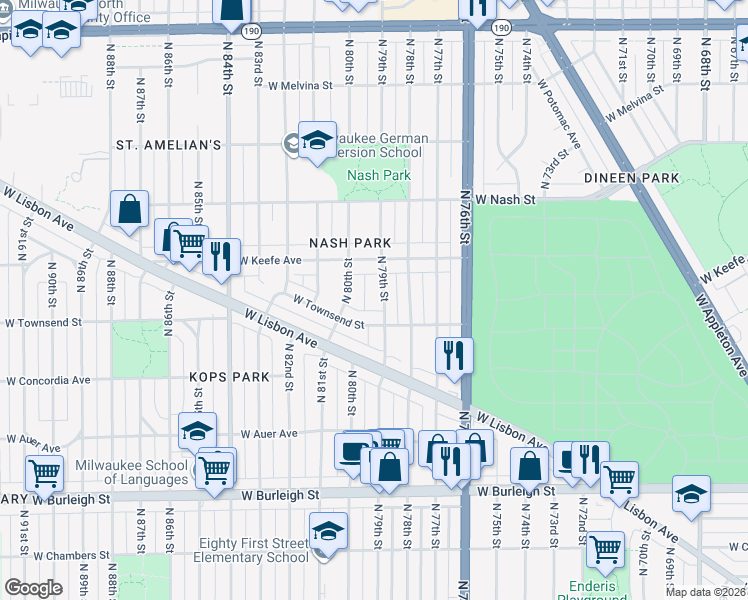 map of restaurants, bars, coffee shops, grocery stores, and more near 3447 North 79th Street in Milwaukee