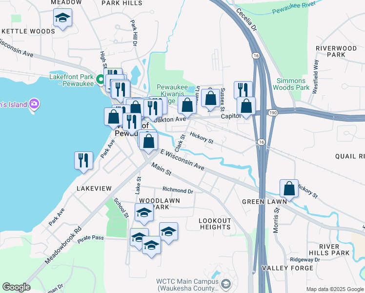 map of restaurants, bars, coffee shops, grocery stores, and more near 224 Clark Street in Pewaukee