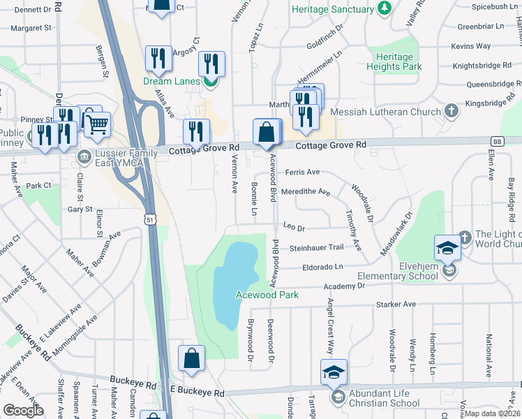 map of restaurants, bars, coffee shops, grocery stores, and more near 1125 Bonnie Lane in Madison