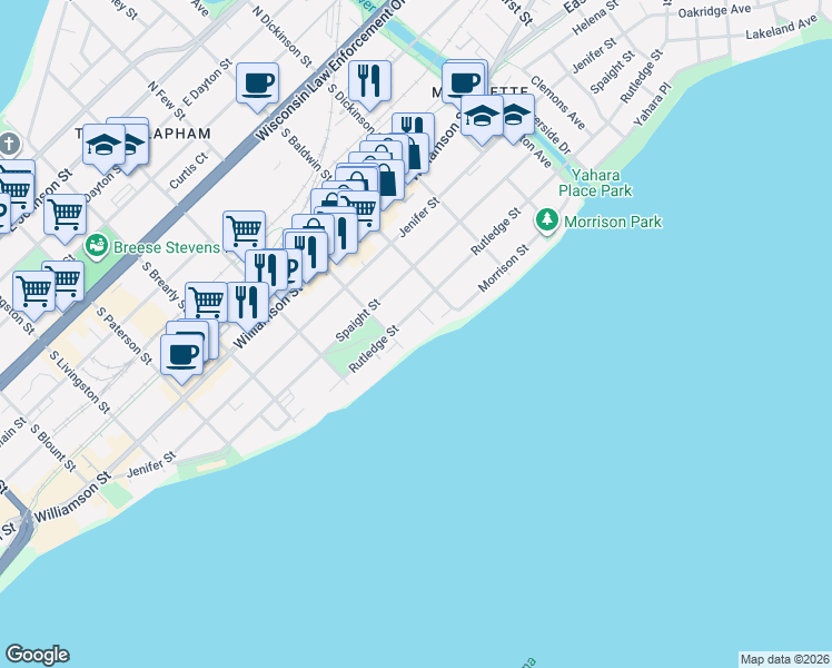 map of restaurants, bars, coffee shops, grocery stores, and more near 1215 Rutledge Street in Madison