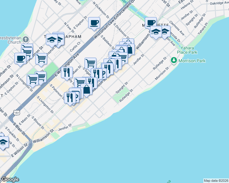 map of restaurants, bars, coffee shops, grocery stores, and more near 1128 Spaight Street in Madison
