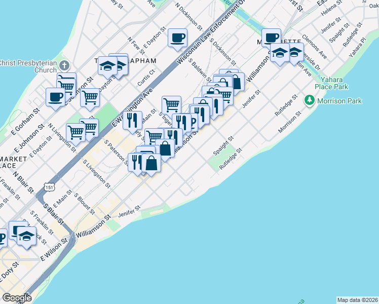 map of restaurants, bars, coffee shops, grocery stores, and more near 1100 Jenifer Street in Madison