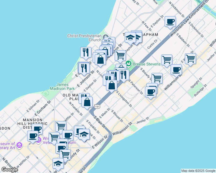 map of restaurants, bars, coffee shops, grocery stores, and more near 16 North Livingston Street in Madison