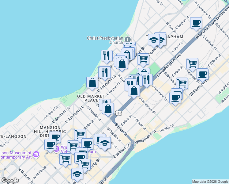 map of restaurants, bars, coffee shops, grocery stores, and more near in Madison