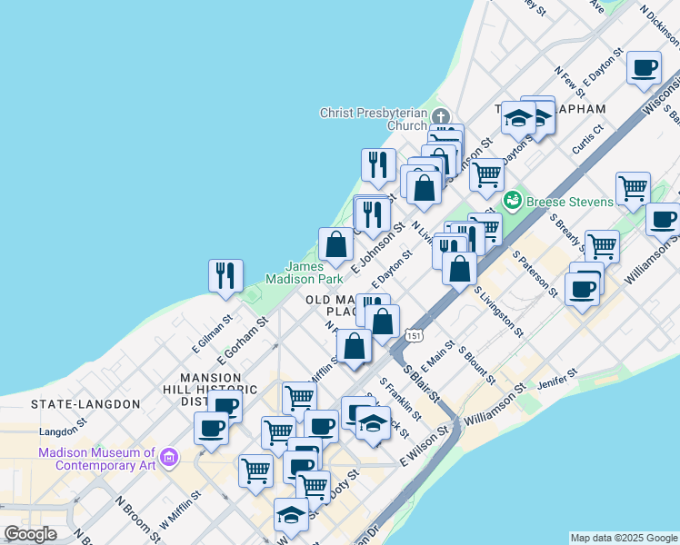 map of restaurants, bars, coffee shops, grocery stores, and more near 635 East Johnson Street in Madison
