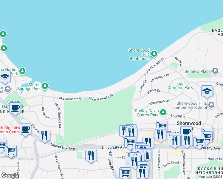 map of restaurants, bars, coffee shops, grocery stores, and more near 3668 Lake Mendota Drive in Madison