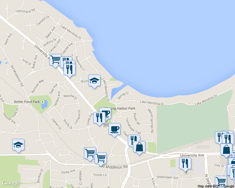 map of restaurants, bars, coffee shops, grocery stores, and more near 5140 Spring Court in Madison